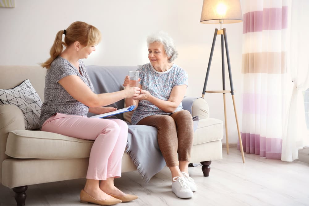 Caregiver assisting elderly client at home