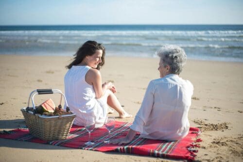Women enjoying a picnic on the beach.